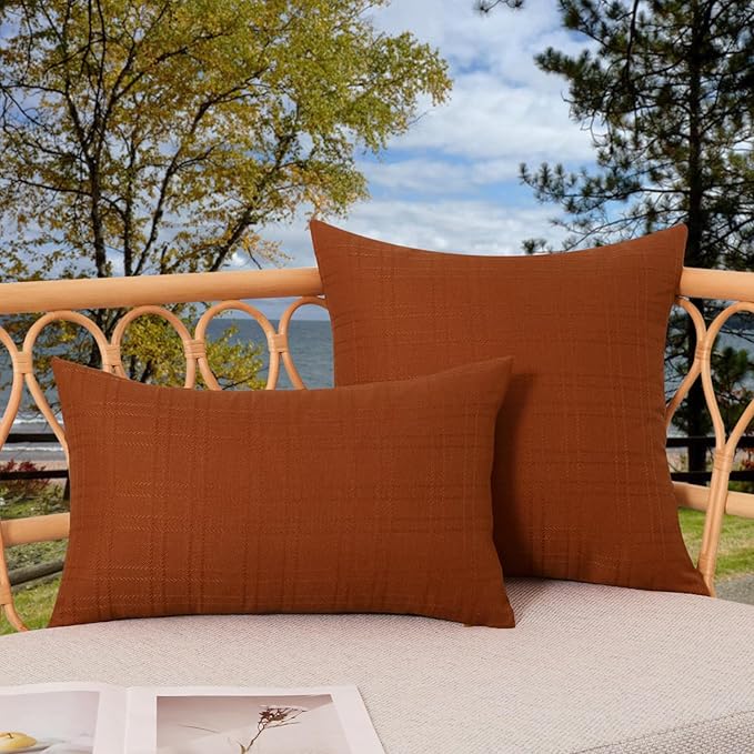 Kevin Textile Pack of 2 Outdoor Waterproof Pillow Covers Checkered Decorative Cushions Sham Throw Pillowcases Shell for Patio Tent Garden Couch Bed Sofa 20x20 Inch Burnt Orange