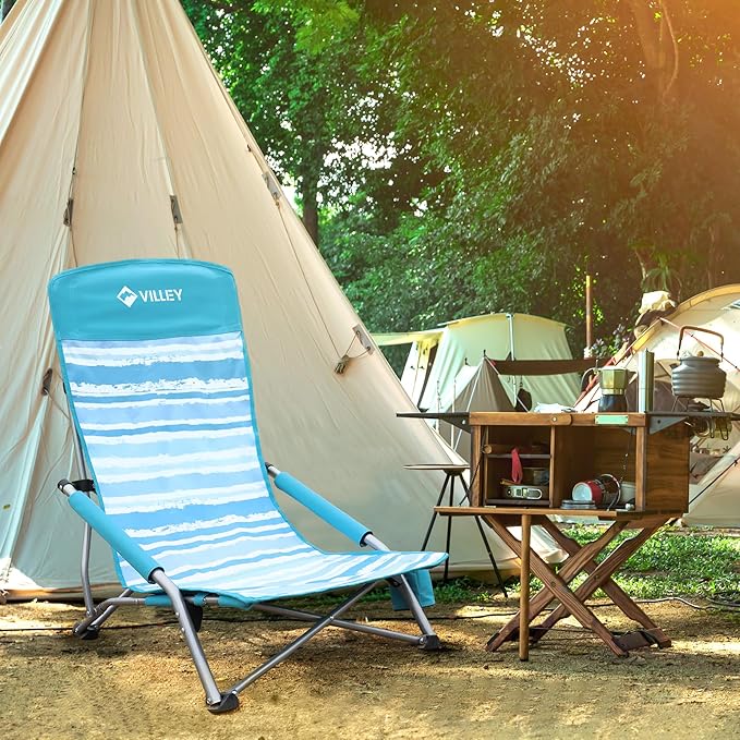 VILLEY Low Beach Chair, High Back Folding Chair for Adults, Lightweight and Portable for Outdoor, Camping, Lawn, Music Festival, with Cup Holder and Carry Bag - Blue Stripes