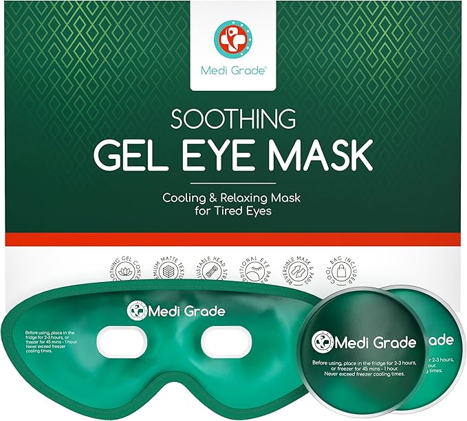 Medi Grade Cooling Eye Mask for Puffy Eyes, Allergies, Sinuses - Reusable Gel Eye Mask and Cooling Pads with Thermo-Bag for Dark Circles, Hangovers and Migraine Relief - Cold Eyemask