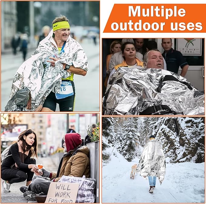 24 Pack Emergency Mylar Blankets, Survival Thermal Blanket for Rescue, First Aid Silver Foil Blanket Bulk, Safety Winter Heat Reflective Aluminum Blankets for Hiking, Camping, Marathons Outdoor