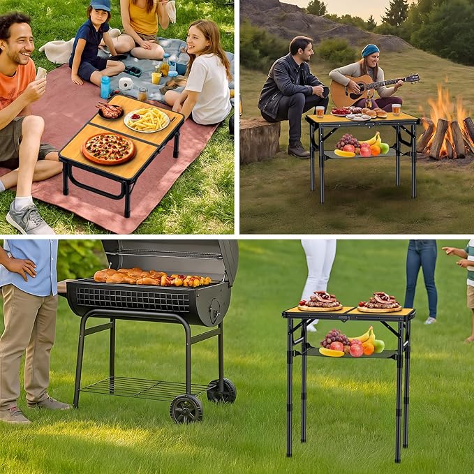 2ft Camping Table Foldable with Storage Net, 3 Adjustable Heights Aluminum Small Folding Table, Lightweight, Portable Handle, for Travel Outdoor Beach Camping Picnic, 23.2" x 16", Yellow