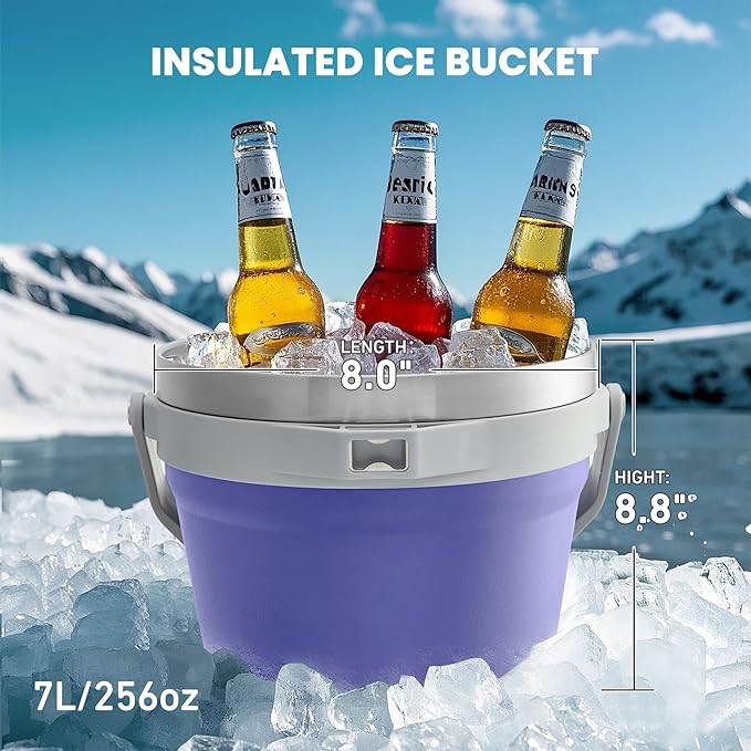 COKTIK 7L Vacuum Insulated Ice Bucket with Lid and Scoop& Tongs，Large capacity Stainless Steel Beverage Bucket for Cocktail, Champagne, Wine, Beer，Large Parties（Purple Suit）