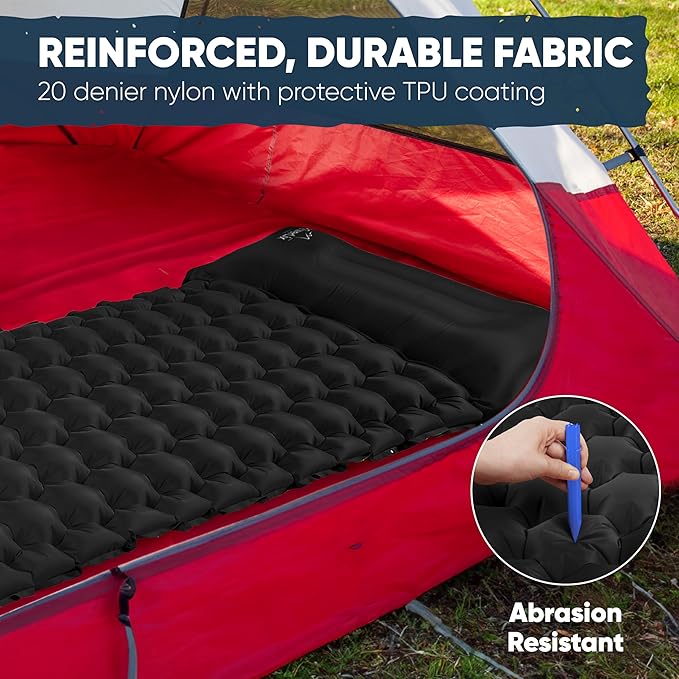 POWERLIX Sleeping Pad for Camping with Bulit in Pillow - Lightweight Camping Sleep Mat for Backpacking, Inflatable & Compact Camping Air Mattress, Perfect for Outdoor Hiking, Foot Pump