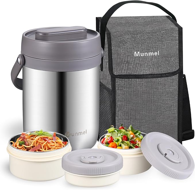 Adults Lunch Vacuum Soup Thermo For Hot Food with Inserts Stackable Bento Box Storage Container,Width Mouth Stainless Steel Portable Insulated Food Jar (silvery, 74 oz)