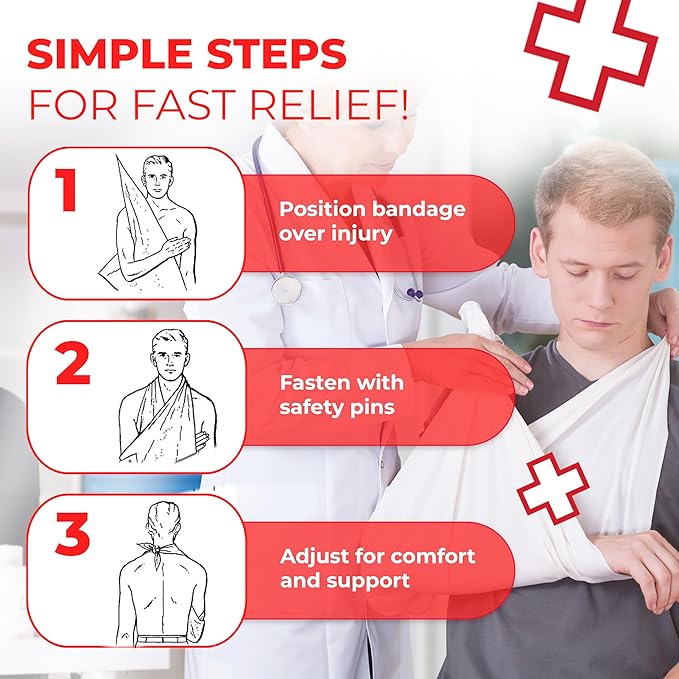 Triangular Bandage, 40" x 40" x 56", 100% Cotton, Individually Wrapped with 2 Safety Pins Per Bandage, Multi-Purpose Sling & Dressing, Bulk First Aid Kit Supply – 48 Pack