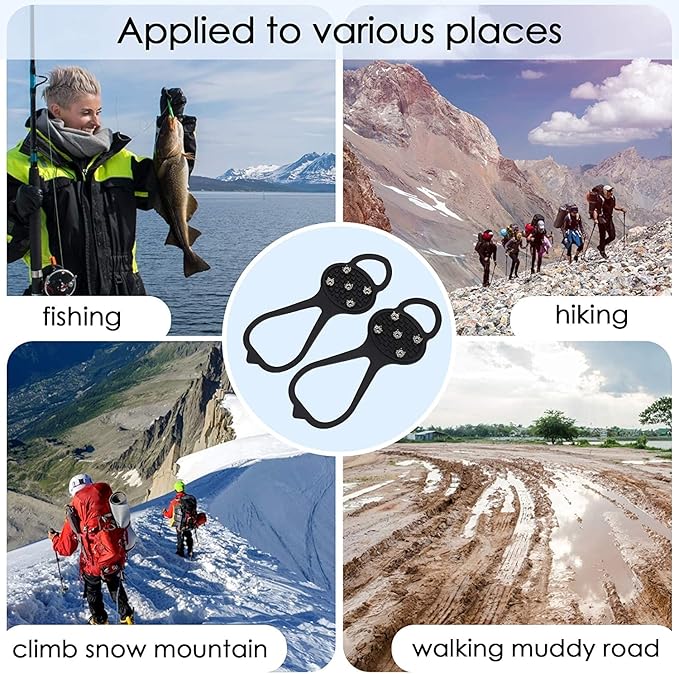 2 Pairs Non Slip Gripper Spike, Ice Grippers Traction Cleats Snow Shoe Spikes Grips Crampons with 10 Steel Studs Cleats