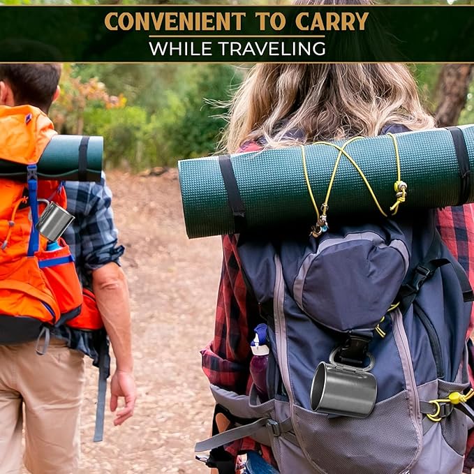 13.5 Oz Stainless Steel Camping Mug with Carabiner - Metal Camping Cup for Traveling, Lightweight and Heat-Resistant, Durable and Easy to Clean Hiking Cup, Comfortable to Hold and Drink