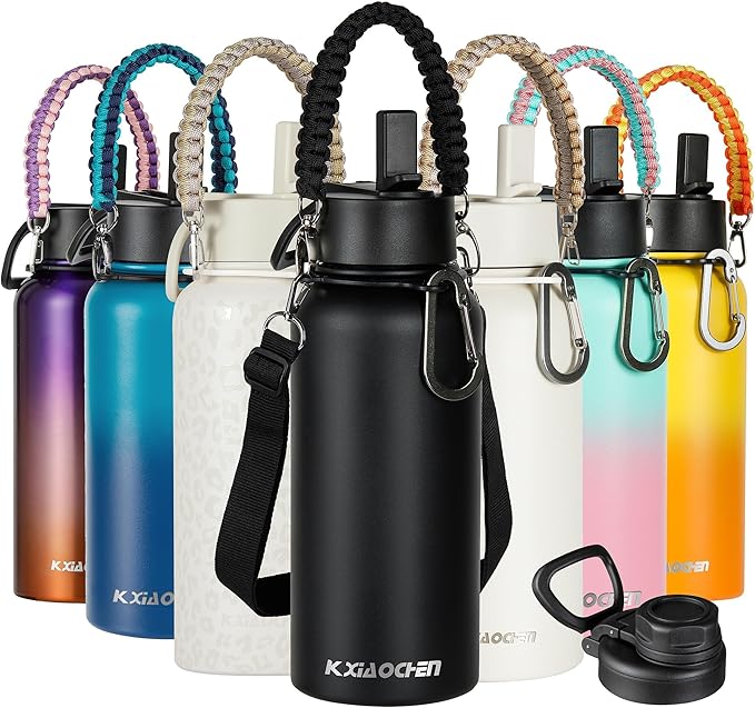 KXIAOCHEN Insulated Water Bottle, Stainless Steel Water Bottle, 2 Lids (Straw and Handle Lid),Wide Mouth Metal Water Bottles Keep Hot and Cold, Double Walled, Thermo Mug, Metal Canteen