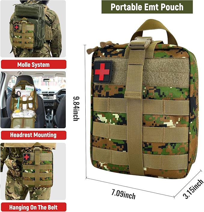 Survival First Aid Kit, MOLLE Medical Pouch Tactical First Aid Kit for Home, Car, Hiking, Travel, Camping, JungleGreen