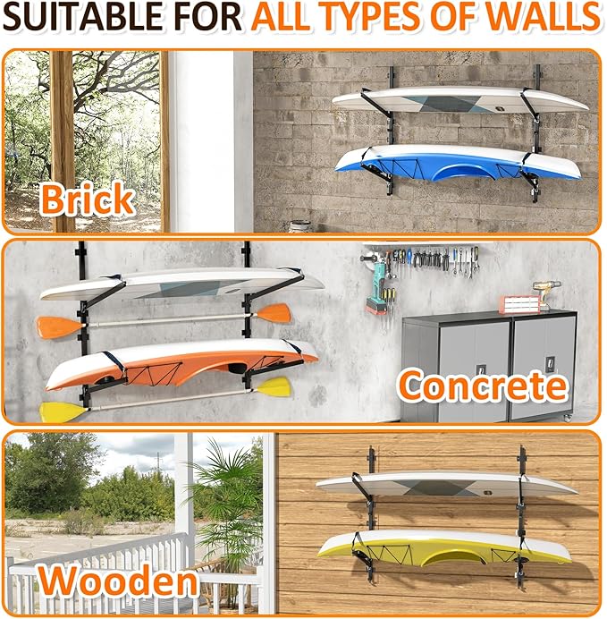 Kayak Storage Rack for Garage Wall Mount - Heavy L-Frame Holder with Anti-Slip Bungee & Complete Installation Kit, Supports 150LB (Fits Canoe/Paddle Board, Black) (2PACK)