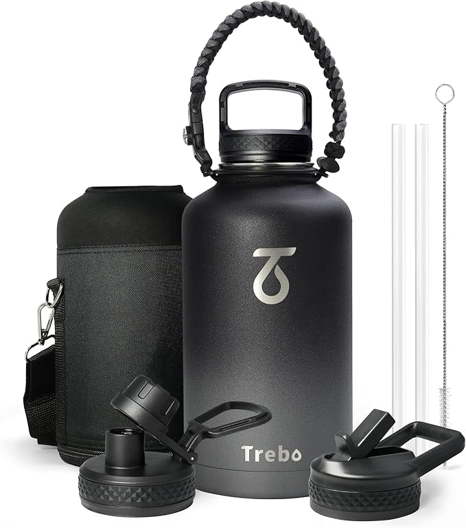 Trebo Water Bottle 64oz with Paracord Handle, Half Gallon Large Vacuum Double Wall Stainless Steel Insulated Water Jug with Straw Spout Handle Lids, Leakproof BPA-Free Keep Cold & Hot, Dark Gray