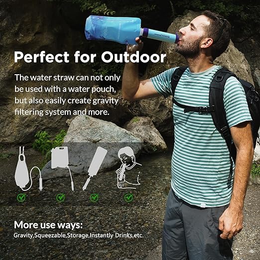Membrane Solutions Squeezable Water Filtration System, Survival Water Purifier Kit, Portable Backpacking Gear Including Water Filter Straw and 23oz Collapsible Bottle for Hiking Camping Travel(1+2)