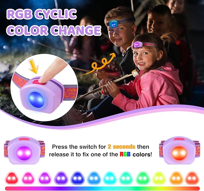 EverBrite LED Headlamp Rechargeable Kids Headlamp with RGB Mode and Adjustable Headband, 3 Modes Multicolor Headlamp for Camping, Reading, Exploring, Halloween, Christmas