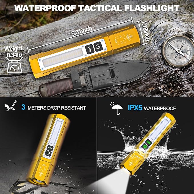 Rechargeable Flashlights High Lumens - Super Bright Small Pocket Magnetic Flashlight, 8 Modes LED Tactical Flash Light, Dual Button Powerful Flashlight for Camping (2, Yellow Gold)