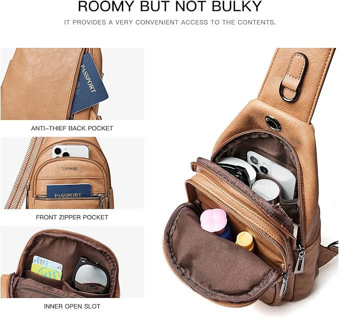 7L Sling Bag For Women Faux Leather Anti Theft Small Casual Daypack Backpack Fanny Pack Crossbody Chest Bags Purse Waterproof Tan