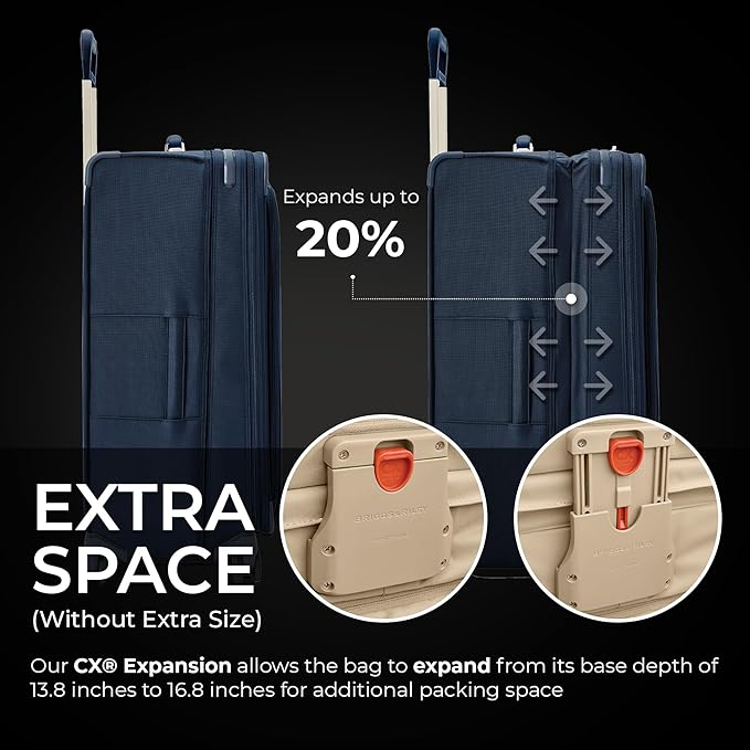 Briggs & Riley 31" Extra Large Expandable Spinner - Checked Luggage for Travel, Suitcases with Wheels, Softside Rolling Bag for Men & Women, Self-Repairing Zipper - Baseline Collection, Navy