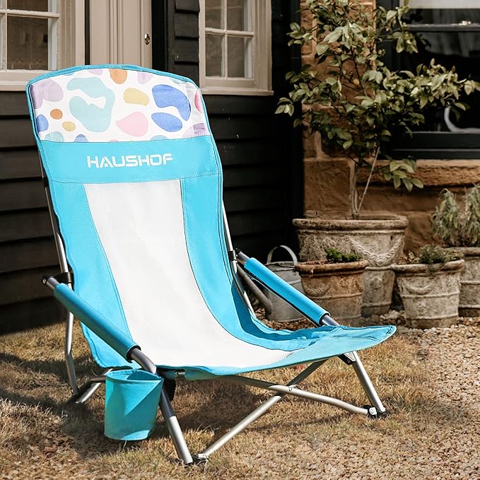 HAUSHOF High Back Beach Chair, Mesh Back Folding Chair, Lightweight Low Seat Camping Chairs with Cup Holder, Carry Bag, Padded Armrest for Outdoor Beach Lawn Camping Picnic Festival