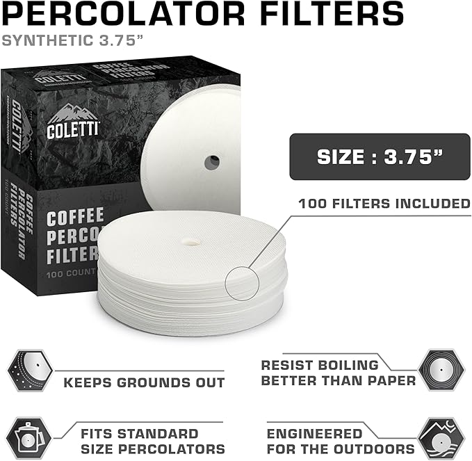 COLETTI Percolator Coffee Filters — Disc Coffee Filters For Percolators – For Bozeman, Butte, & Scoutmaster Camping Coffee Pot – Medical Grade Fiber, Perfectly Tasteless [100 pack, Synthetic, 3.75”]