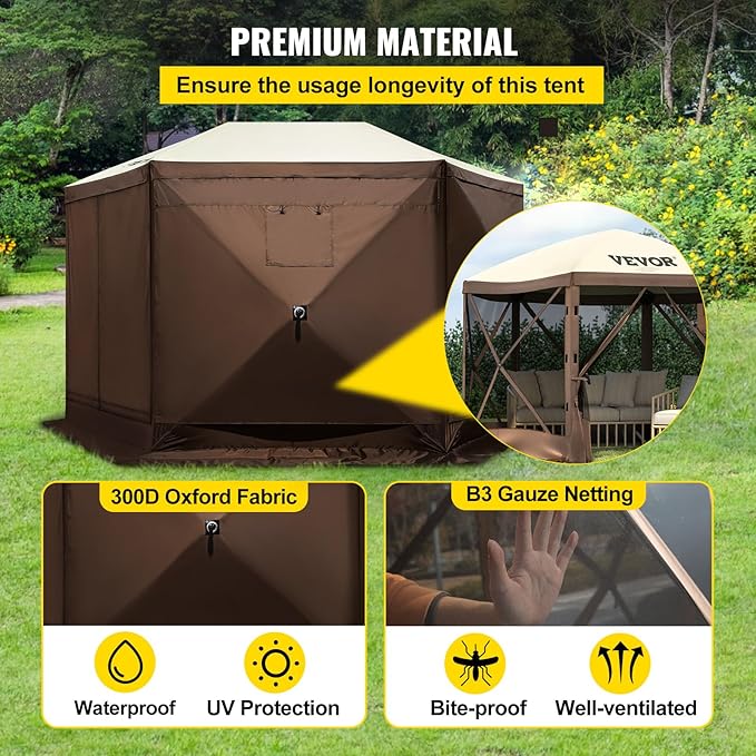 VEVOR Pop Up Gazebo Screen Tent, Pop-Up Instant Gazebo Tents with Mosquito Netting Outdoor Canopy, 6 Sided Sun Shelter 10x10ft with 6 Removable Wind Cloths & 2 Mesh Windows, Pavilion Tent for Patio