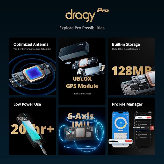 All New dragy Pro - Professional GPS Performance Meter, up to 25Hz GPS Laptimer, with Built-in Memory & 6-Axis IMU Motion Sensor | Includes dragy Mount for Easy Installation