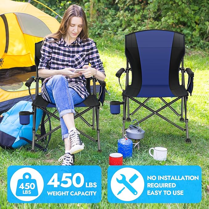 2 Pack Oversized Folding Camping Chair for Adults, Supports 450 LBS Camping Chairs, Heavy Duty Camping Chair with Side Pockets, Foldable Outdoor Chair for Camping, Beach, Fishing, Hiking, Blue-Black