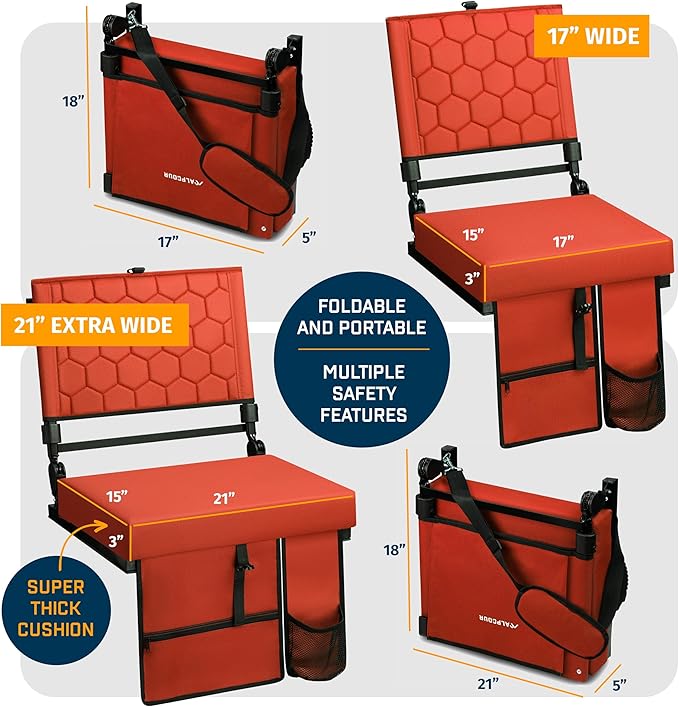 Folding Reclining Stadium Seats with Back Support for Bleachers, Bleacher Chairs with Back and Cushion Seating for Football, Camping Chair, Kayak Seat, Canoe, Paddle Board, Concerts, & Sports Events
