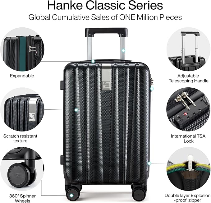 Hanke 24 Inch Expandable Checked Luggage Lightweight PC Hard Shell luggage Suitcases with Wheels Travel Luggage Rolling Large Suitcase Travel Luggage Bag for Go To University.(Jet Black)