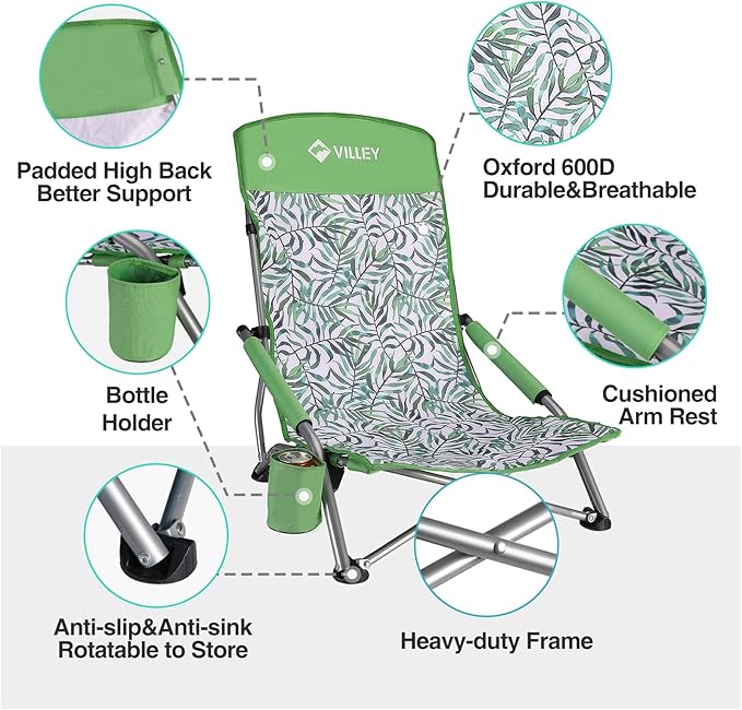 VILLEY Low Beach Chairs for Adults 2 Pack, High Back Folding Chairs, Lightweight and Portable for Outdoor, Camping, Lawn, with Cup Holder and Carry Bag - Green Tropical Leaves