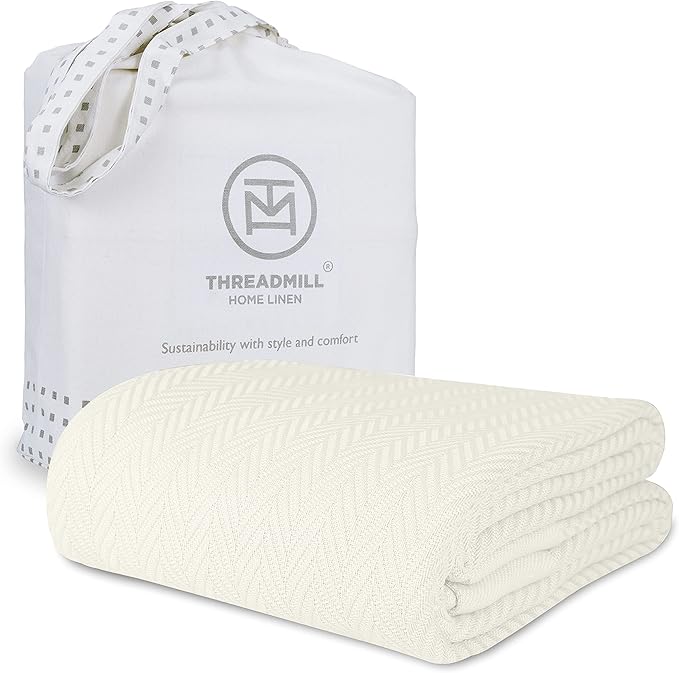 Threadmill Luxury Cotton Blankets for Queen Size Bed | All-Season 100% Cotton Queen Size Blanket | Herringbone Cozy, Soft Breathable Fall Thermal Blanket fits Full Size Bed | Tusk White