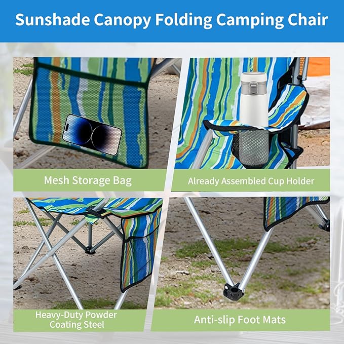 Portable Camping Chair with Adjustable Canopy Shade- Folding Camping Lounge Chair with Cup Holder & Side Pocket for Outdoor Camping, Fishing, Beach - Support 330 LBS (Streak)