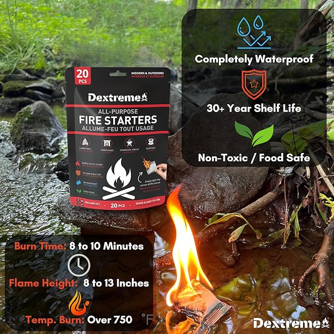 Dextreme Quick Instant Fire Starter - Waterproof All-Purpose Indoor & Outdoor Firestarter, for Charcoal Starter, Campfire, Fireplace, BBQ, Survival and Wood Stove (20 Pcs Bag)