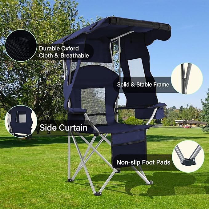 PLKO Camping Chairs with Canopy, Portable Quad Lawn Chair for Adults, Folding Recliner Chair with Cup Holder Outdoor Events and Shade- Support 330 LBS