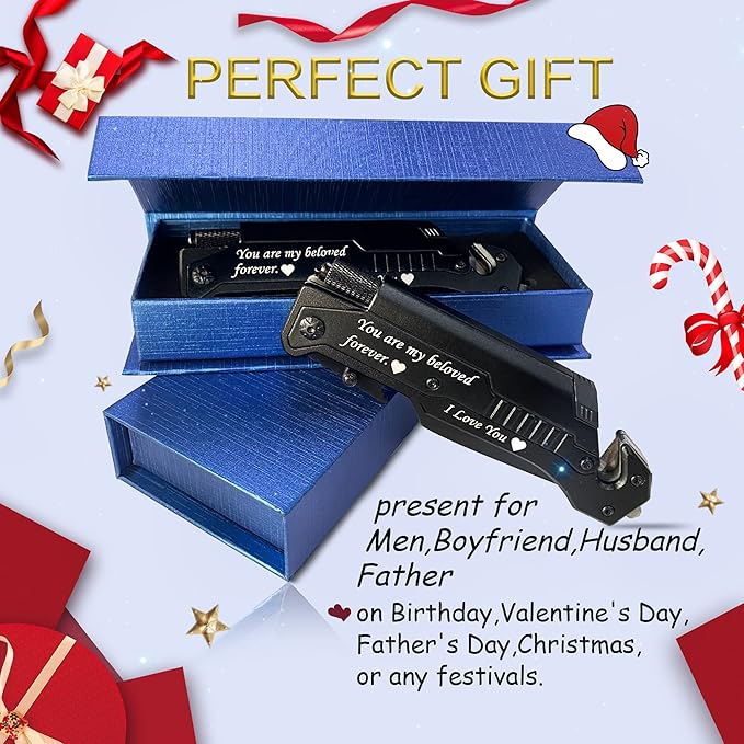 6-in-1 Tactical Folding Knife – EDC Pocket Knife with Fire Starter, LED Light & Glass Breaker – Gift for Boyfriend,Husband on Birthdays