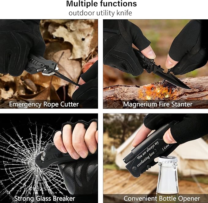 Engraved Pocket Knife for Men,6 in 1 Multifunction Folding Knives with Fire Starter,LED Light,Seatbelt Cutter,Glass Breaker,Bottle Opener,Anniversary Presents,Birthday Gifts
