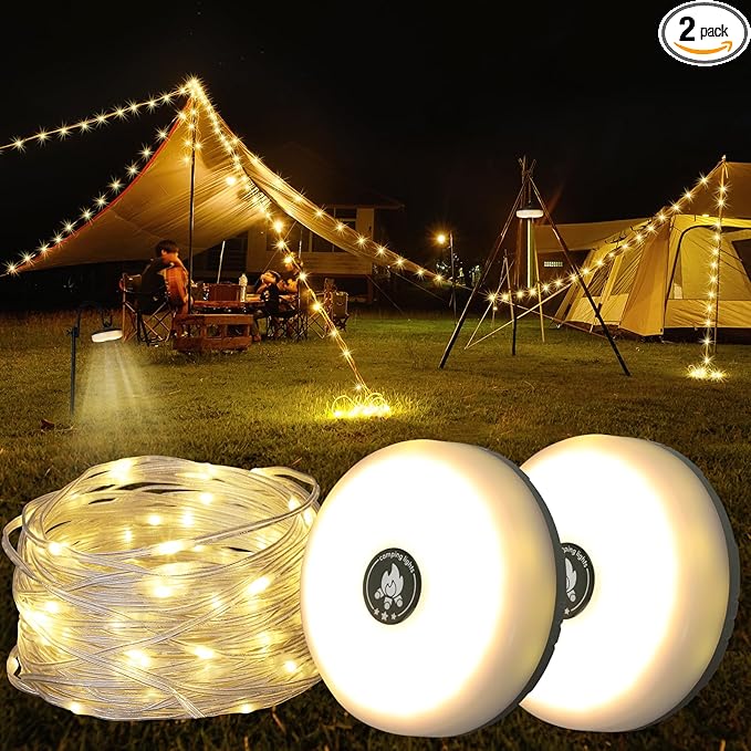 Camping String Lights, Rechargeable Tent Lights String with 8 Lighting Modes, Camping Essentials Gear 32.8FT Lamp Light, Rechargeable Waterproof LED Light for Tent Yard Garden Hiking Decor 2 Pack