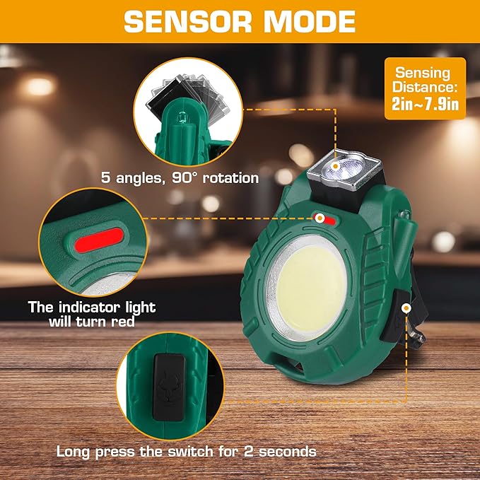 EverBrite COB Keychain Work Light, Mini Rechargeable Magnetic Keychain Light with Sensor Mode, Multifunctional Small Keychain Flashlights, Portable, Waterproof - for Camping, Hiking, 6 Modes, Green