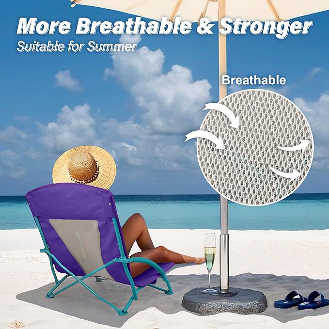 Low Beach Chairs 2 Pack,Folding Compact Low Seat Chairs for Adults w/Mesh Back & Storage Bag,Heavy Duty Chair for Outdoor Sand,Travel,Camping,Picnic,Purple