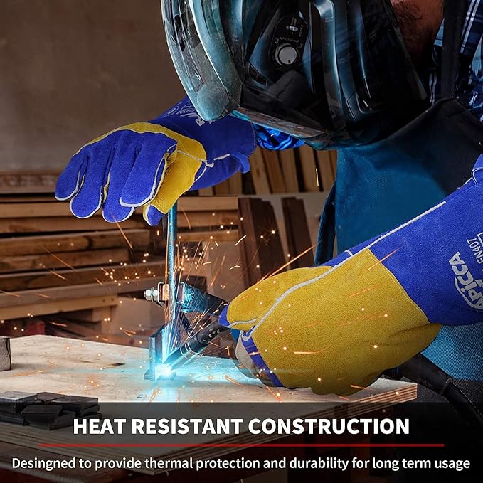 RAPICCA Welding Gloves Fire Heat Resistant: Blue 16IN 932℉ - Fireproof Leather For Stick Mig Flux-Core Welder Forge Blacksmith Fireplace Wood Stove Fire Pit Grill Oven Furnace Handling Dry Ice