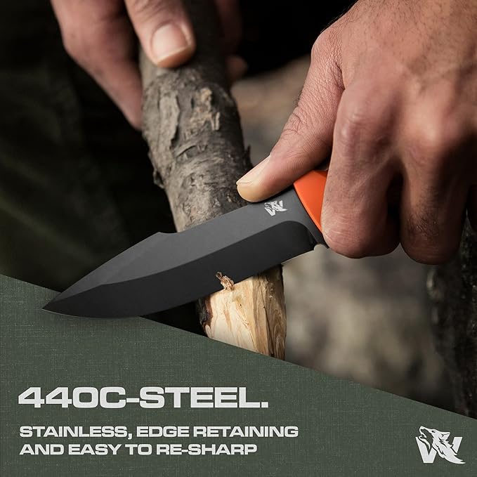 WOLF-I Full Tang Survival Knife with Sheath - Stylish Tactical Fixed Blade - Made of 440C Steel - Bushcraft and Camping Knife Survival - Perfect EDC Outdoor Knife with TPE Handle