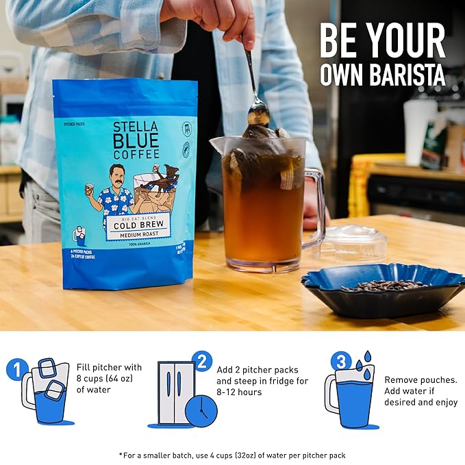 Stella Blue Cold Brew Coffee Packets, Miss Peaches Blend, Medium Roast Ground Coffee, Citrus, Carmel with Sweet Fruity Notes, 100% Arabica, 6 Brew Packets, Makes 24 Bold Cups