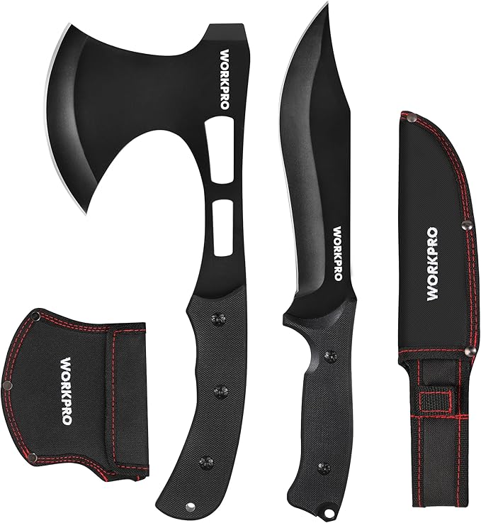 WORKPRO Hunting Knife and Hatchet Axe Combo Set - Full Tang Fixed Blade Tactical Knife and Camping Axe - Survival Knife and Camping Hatchet with Sheathes - Tactical Knife and Survival Axe for Men