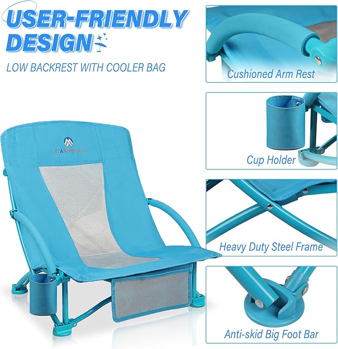 Beach Chairs for Adults 2 Pack,Heavy Duty Folding Low Back Camping Chairs w/Cooler Bag,Mesh Back,Cup Holder & Storage Bag,Compact Sling Chair for Lawn,Picnic,Travel,Blue