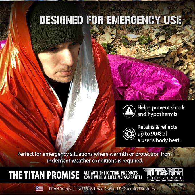 TITAN Survival - Mylar Survival Blankets 5 Pack - 90% Heat Retention & Waterproof Design - Emergency Blanket Cold Weather Protection & Survival Kits - Durable Space Blanket for Outdoor Use