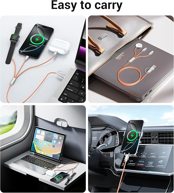 Temdan for Travel Vacation Essentials,3 in 2 USB C Cable for Apple Watch Charger/iPhone 17 Charger/Lightning,Multi Charging Cable Cord,Camping Essentials,Designed for iWatch &iPhone 16-12-4FT Orange