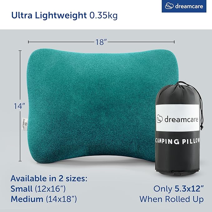 DREAMCARE Camping Pillow, Memory Foam Travel Pillow, Camping Accessories - Small Pillow Camping Essentials Camping Pillows for Sleeping, Backpacking Pillow, Travel Pillows for Sleeping (Medium,Green)