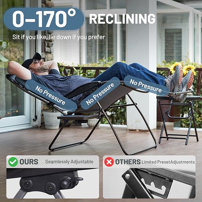 TIMBER RIDGE Oversized Zero Gravity Chair, 33In Wide XXL Zero Gravity Reclining Chair with Side Table, Full Padded Lounge Chair for Outdoor Camping Patio Lawn, Heavy Duty Supports 500lbs, Grey-1 Pack