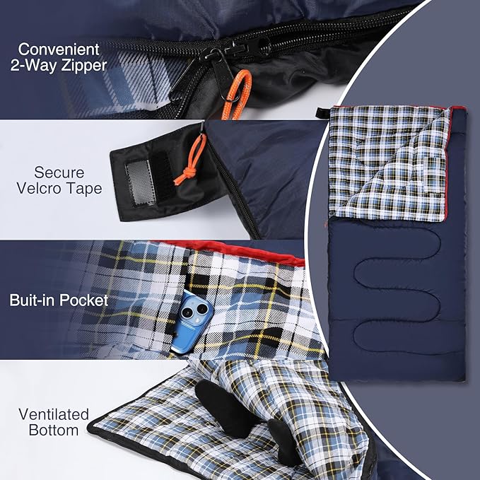 REDCAMP Cotton Flannel Sleeping Bag for Camping Backpacking, Adults Cold Weather Envelope Sleeping Bags with 2/3/4/6lbs Filling