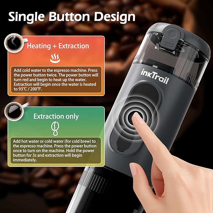 InkTrail Portable Electric Espresso Machine,Travel Coffee Maker for Camping, Self-Heating with Rechargeable Battery, Compatible with Ground Coffee & NS Original Capsule for Car, RV, Hiking, Office