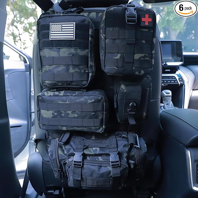 Universal Tactical Car Seat Back Organizer Bag Tactical Molle Vehicle Organizers Panel Vehicle Protector Organizers with 5 Detachable Pouches for Car Truck Ford Jeep (Black camo)
