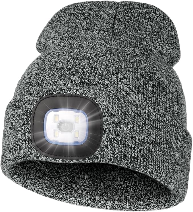 MELASA Unisex Hat with Light, USB Rechargeable Hands Free Headlamp LED Beanie, Winter Gifts for Men Dad Father Husband Him